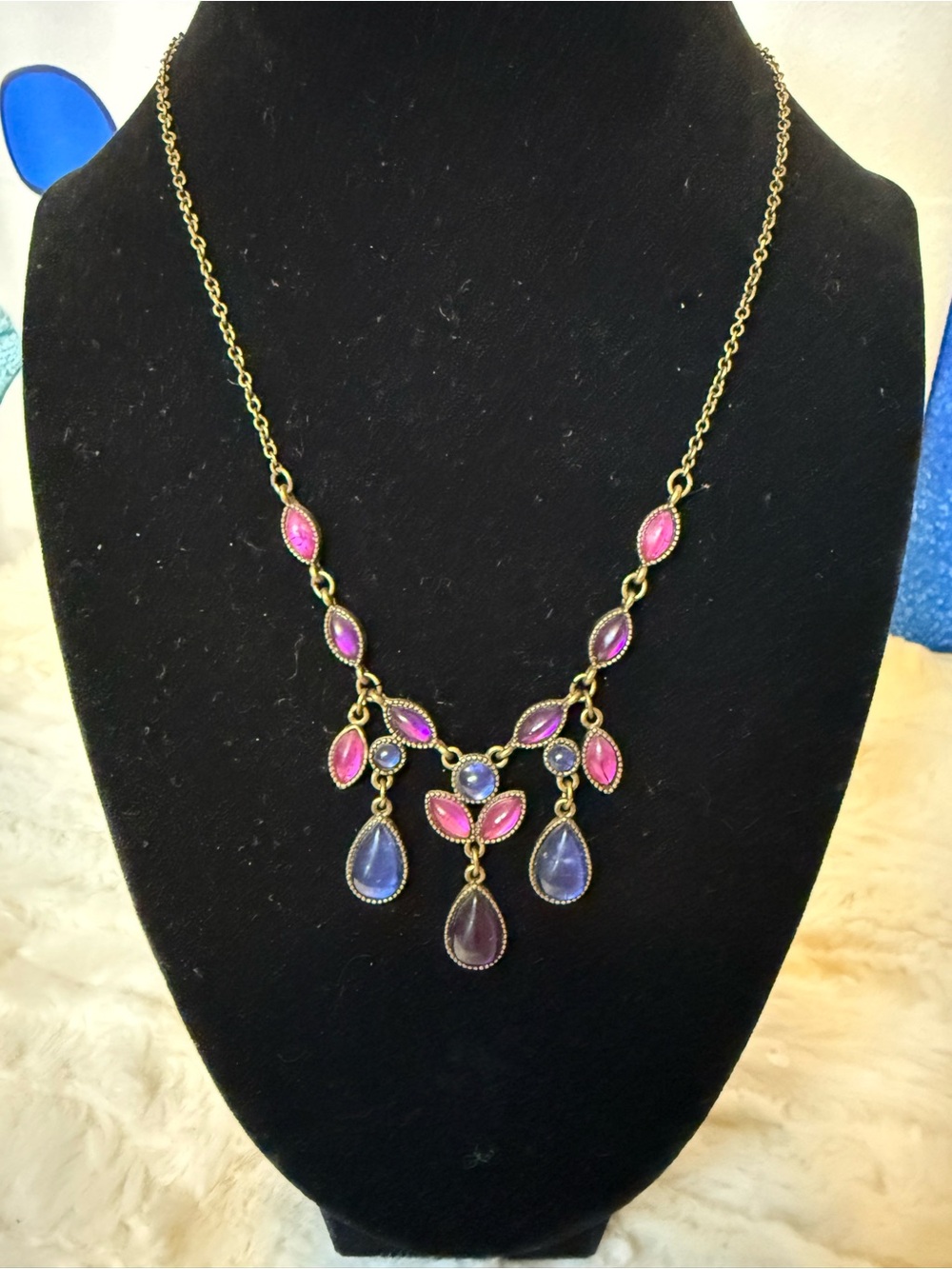 Vintage Style Purple Pink Blue Cabochon Statement Drop Necklace